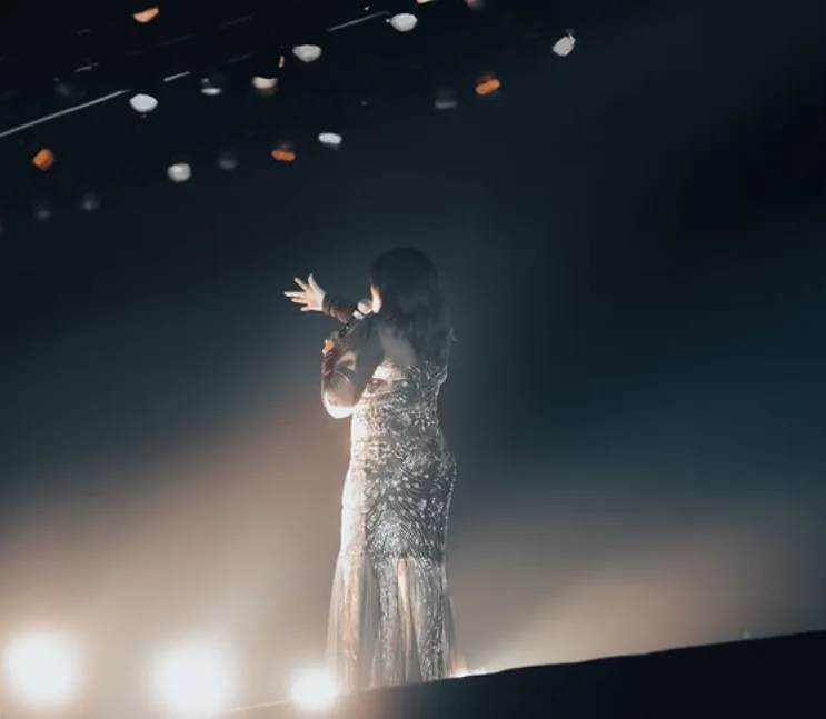 Reena on stage in a shimmering gown, backlit by stage lights, arm stretched towards the crowd